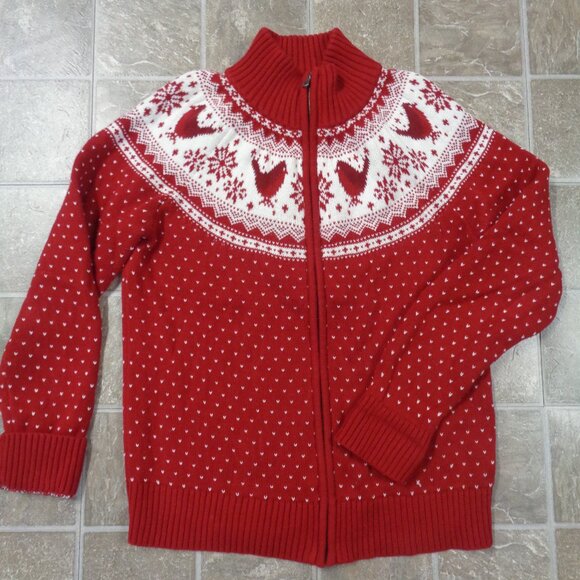 Talbots Red Full Zip Cardigan Sweater Nordic Fair Isle Cardinals Cotton - Picture 12 of 12